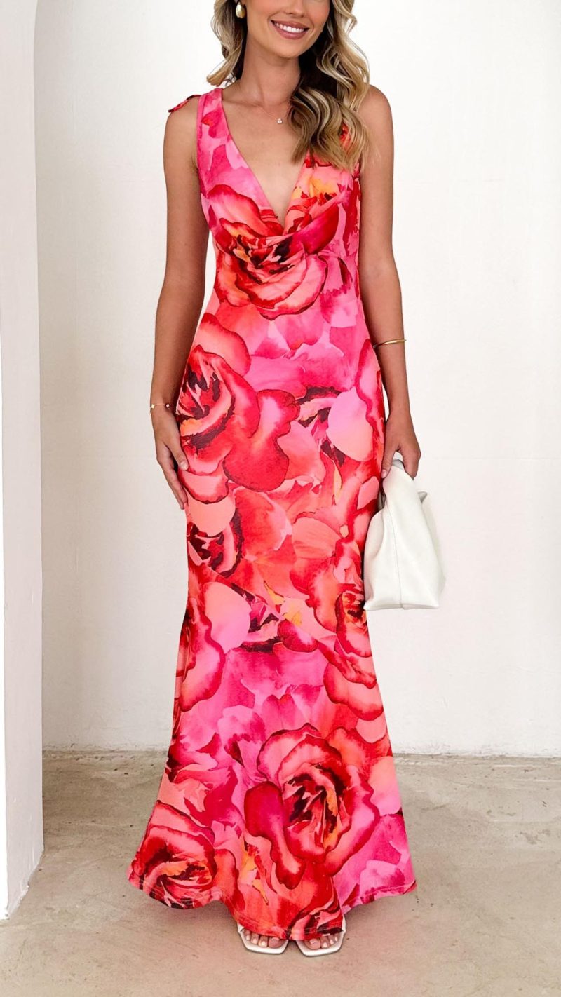 Toperth Vibrant Pink Rose-Print Backless Maxi Dress – Toperth